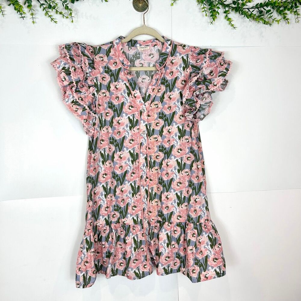 Jodifl Mini Dress Women Medium Pink Green Blue Floral Ric Rac Ruffle Button Down - Picture 7 of 16